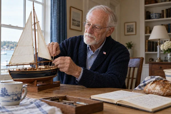 AI-created fictional Arthur Bell, aged 83, in a personal veterans’ residential room. No real person or institution.