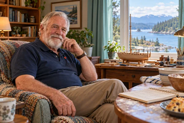 AI-created fictional Gordon Sutherland, aged 79, in a personal veterans’ residential room. No real person or institution.