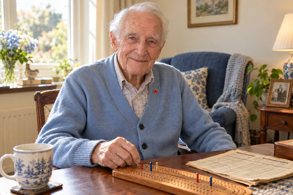 AI-created fictional Arthur McLeod, aged 94, in a personal veterans’ residential room. No real person or institution.