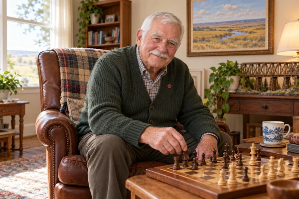 AI-created fictional Albert MacPherson, aged 80, in a personal veterans’ residential room. No real person or institution.