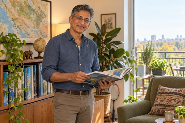 AI-created fictional Farid Ahmed, aged 56, in a personal veterans’ residential room. No real person or institution.