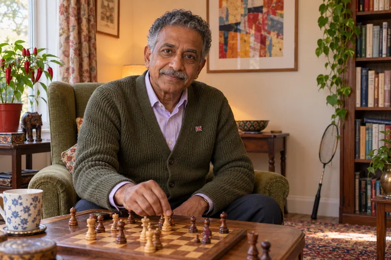 AI-created fictional Naveen Mehta, aged 62, in a personal veterans’ residential room. No real person or institution.