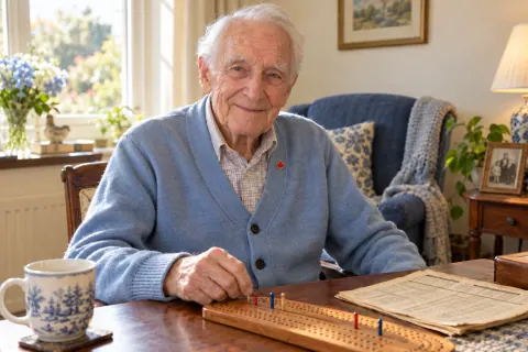 AI-created fictional Arthur McLeod, aged 94, in a personal veterans’ residential room. No real person or institution.