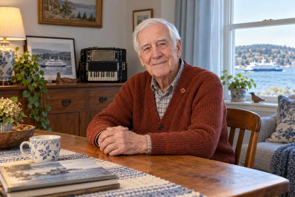 AI-created fictional Jean-Paul Gagnon, aged 81, in a personal veterans’ residential room. No real person or institution.