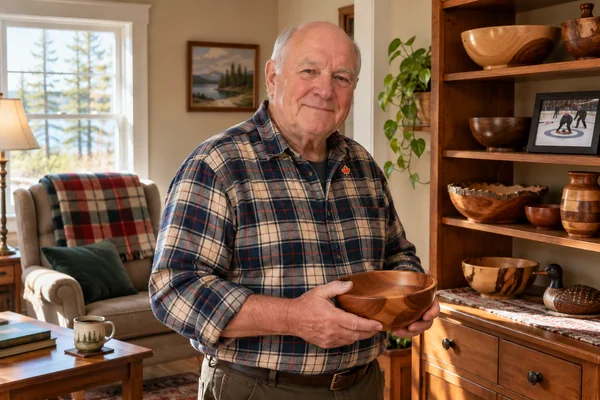 AI-created fictional Robert Whitford, aged 77, in a personal veterans’ residential room. No real person or institution.