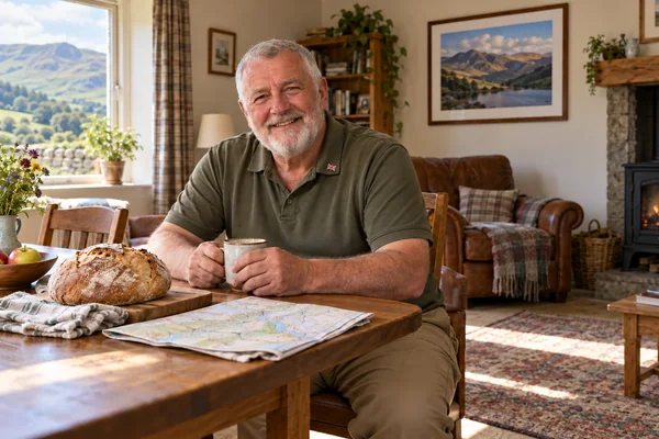 AI-created fictional Rhys Morgan, aged 68, in a personal veterans’ residential room. No real person or institution.