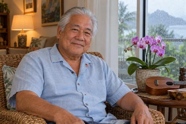 AI-created fictional Benjamin Nakamura, aged 72, in a personal veterans’ residential room. No real person or institution.