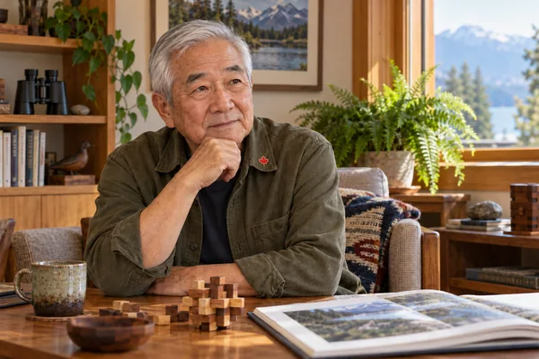 AI-created fictional Peter Nakano, aged 76, in a personal veterans’ residential room. No real person or institution.