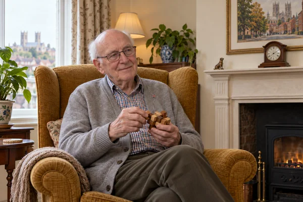 AI-created fictional Douglas Atkinson, aged 82, in a personal veterans’ residential room. No real person or institution.