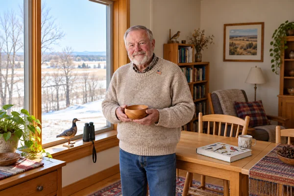 AI-created fictional Thomas Bennett, aged 75, in a personal veterans’ residential room. No real person or institution.