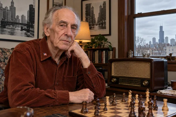 AI-created fictional Daniel Kowalski, aged 77, in a personal veterans’ residential room. No real person or institution.