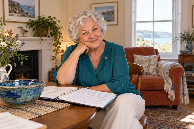 AI-created fictional Gwyneth Price, aged 74, in a personal veterans’ residential room. No real person or institution.