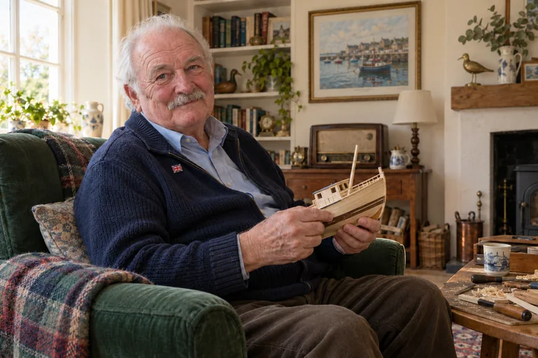 AI-created fictional Arthur Bennett, aged 78, in a personal veterans’ residential room. No real person or institution.
