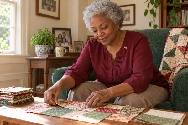 AI-created fictional Evelyn Brooks, aged 74, in a personal veterans’ residential room. No real person or institution.
