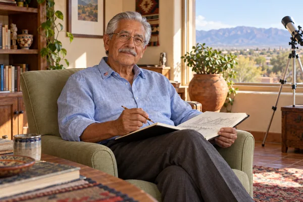 AI-created fictional Miguel Salazar, aged 70, in a personal veterans’ residential room. No real person or institution.
