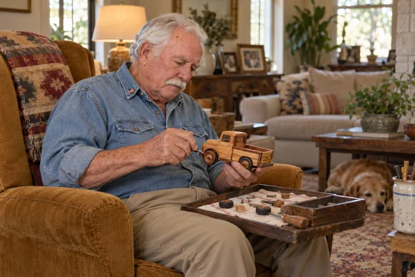 AI-created fictional Samuel Whitaker, aged 79, in a personal veterans’ residential room. No real person or institution.