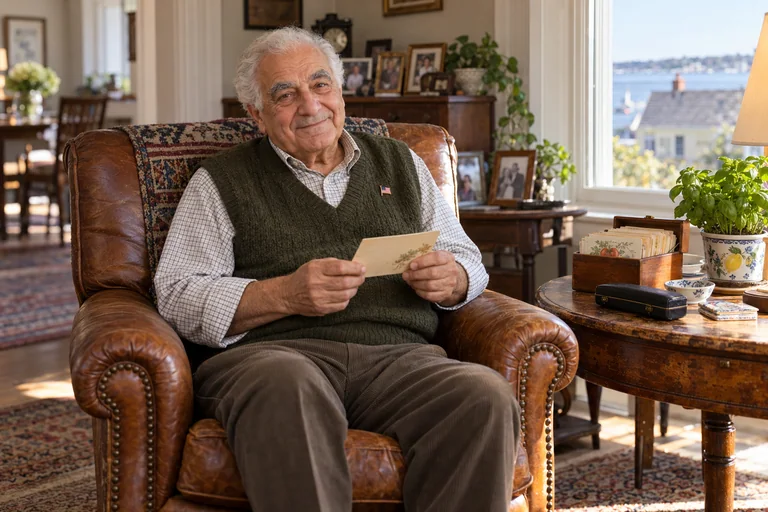 AI-created fictional Anthony Marino, aged 78, in a personal veterans’ residential room. No real person or institution.