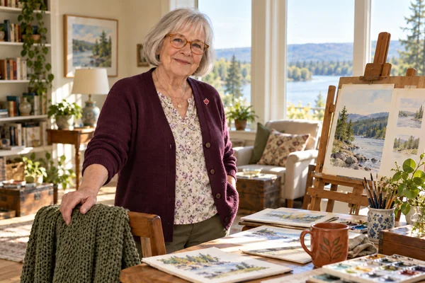 AI-created fictional Claire Bouchard, aged 73, in a personal veterans’ residential room. No real person or institution.